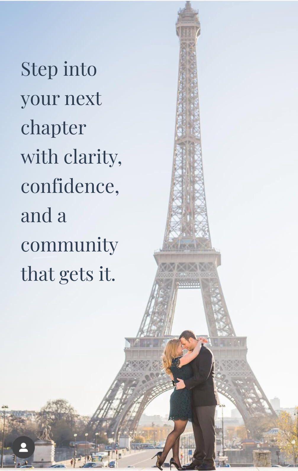 Couple embracing in front of the Eiffel Tower with inspirational text about stepping into your next chapter